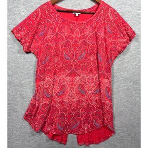 Lucky‎ Brand 1X Shirt Red Paisley Womens Top Tunic Split Back Hem